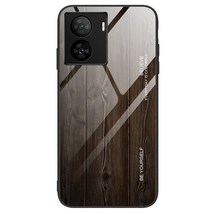 For vivo iQOO Z7 5G Tempered Glass Back Case TPU Frame Wooden Pattern Phone Cover - Black