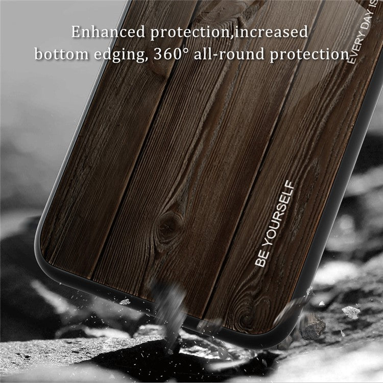 For vivo iQOO Z7 5G Tempered Glass Back Case TPU Frame Wooden Pattern Phone Cover - Black