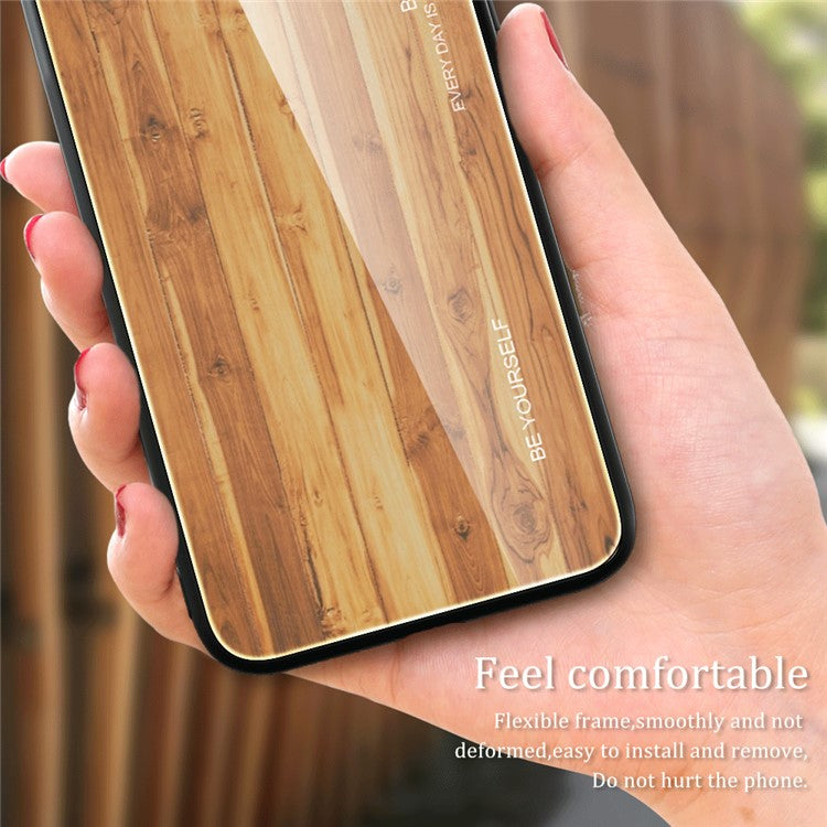 For vivo iQOO Z7 5G Tempered Glass Back Case TPU Frame Wooden Pattern Phone Cover - Black