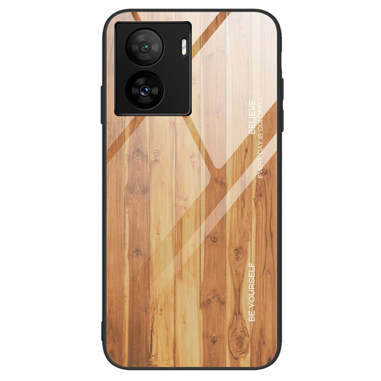 For vivo iQOO Z7 5G Tempered Glass Back Case TPU Frame Wooden Pattern Phone Cover - Brown