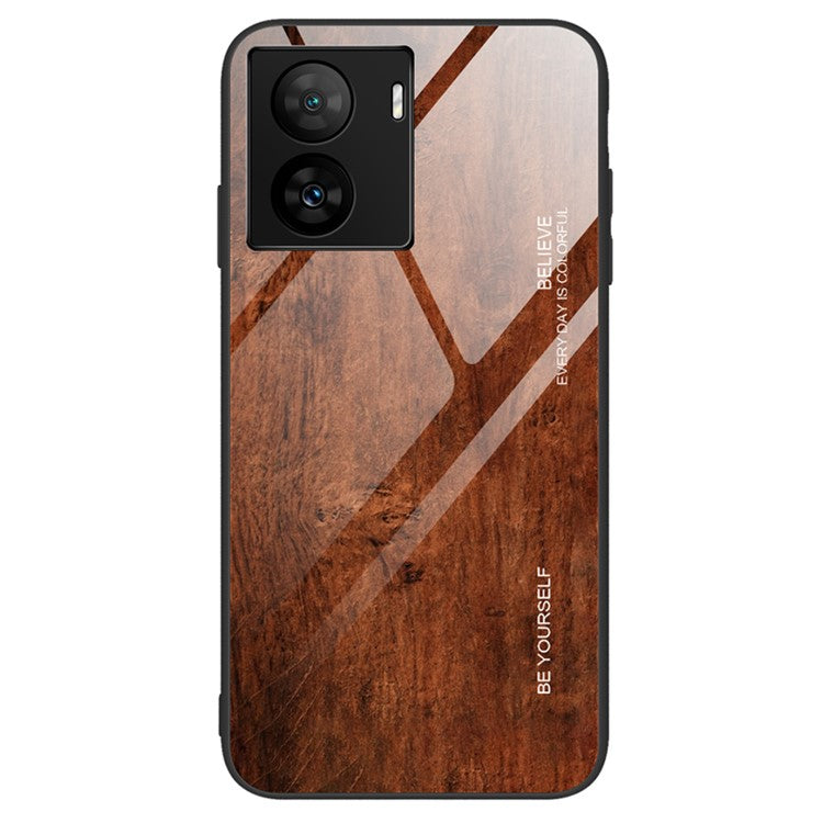 For vivo iQOO Z7 5G Tempered Glass Back Case TPU Frame Wooden Pattern Phone Cover - Coffee