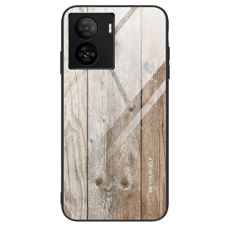 For vivo iQOO Z7 5G Tempered Glass Back Case TPU Frame Wooden Pattern Phone Cover - Grey