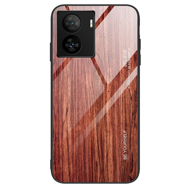 For vivo iQOO Z7 5G Tempered Glass Back Case TPU Frame Wooden Pattern Phone Cover - Wine Red