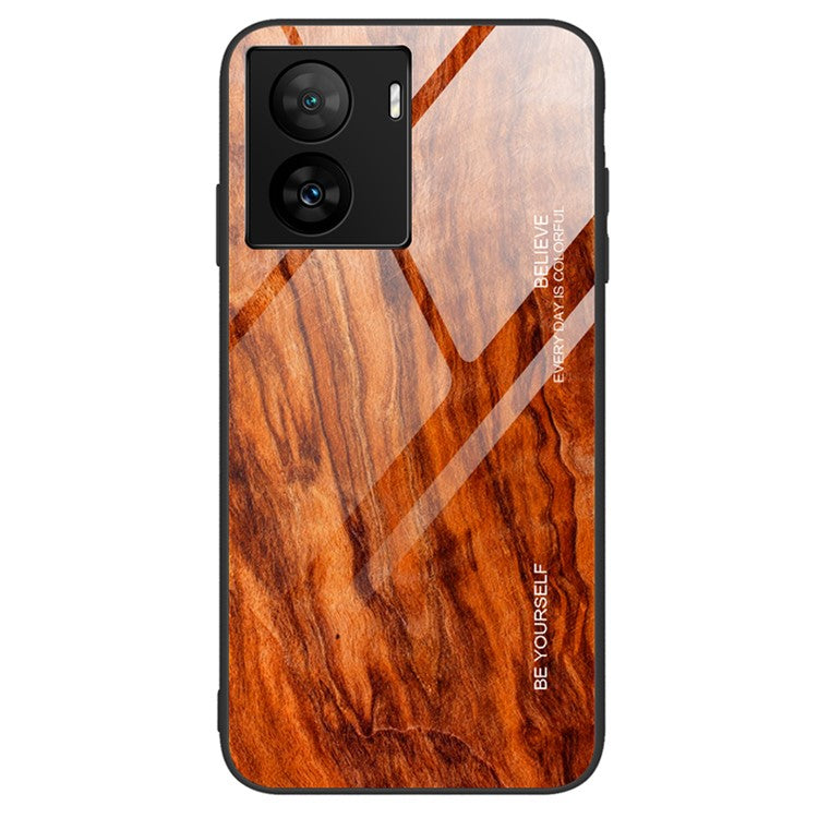 For vivo iQOO Z7 5G Tempered Glass Back Case TPU Frame Wooden Pattern Phone Cover - Orange