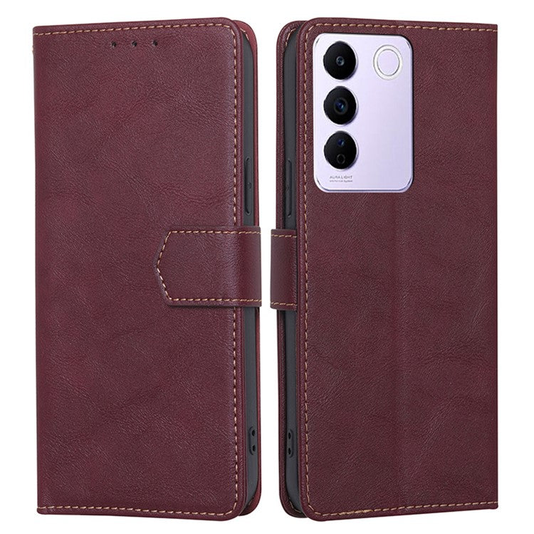 Cowhide Texture Wallet Phone Case for vivo S16e 5G RFID Blocking PU Leather Phone Cover with Stand - Wine Red