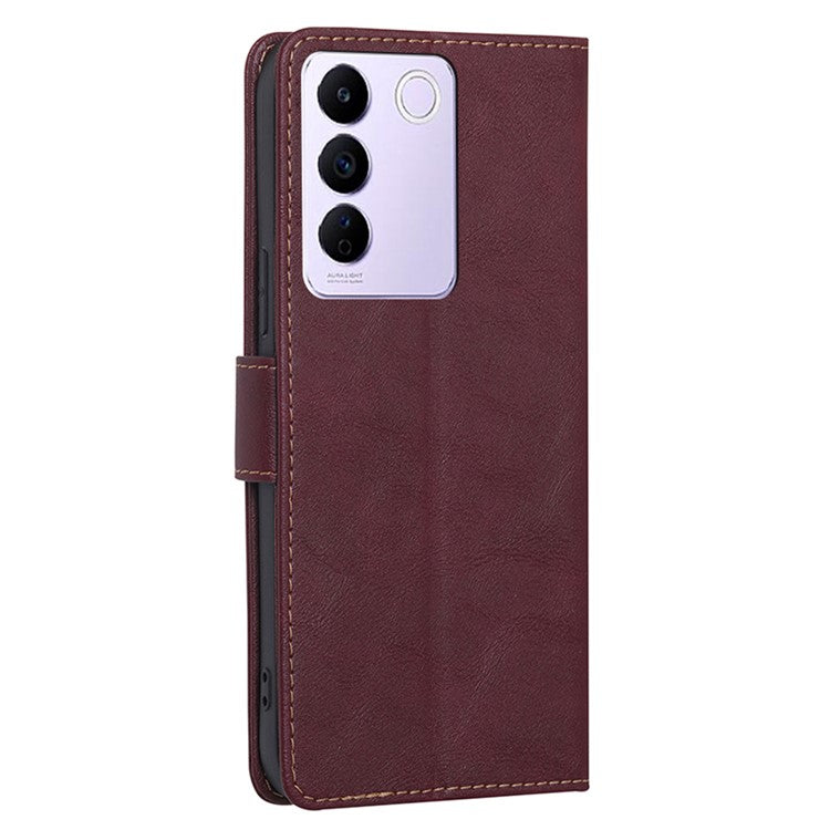 Cowhide Texture Wallet Phone Case for vivo S16e 5G RFID Blocking PU Leather Phone Cover with Stand - Wine Red