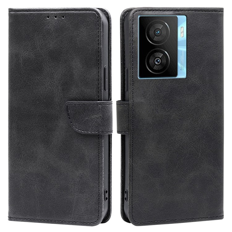 Wallet Folio Cover for vivo iQOO Z7x 5G Calf Texture PU Leather Drop Proof Flip Stand Phone Case - Black