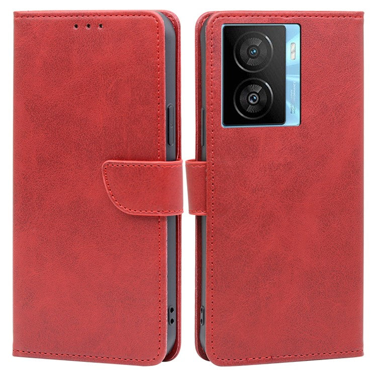 Wallet Folio Cover for vivo iQOO Z7x 5G Calf Texture PU Leather Drop Proof Flip Stand Phone Case - Red