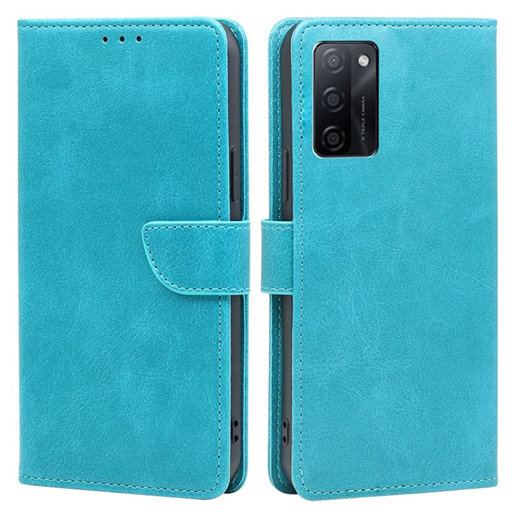 Mobile Phone Folio Cover for Oppo A55s 5G Calf Texture PU Leather Flip Stand Wallet Shockproof Case - Baby Blue