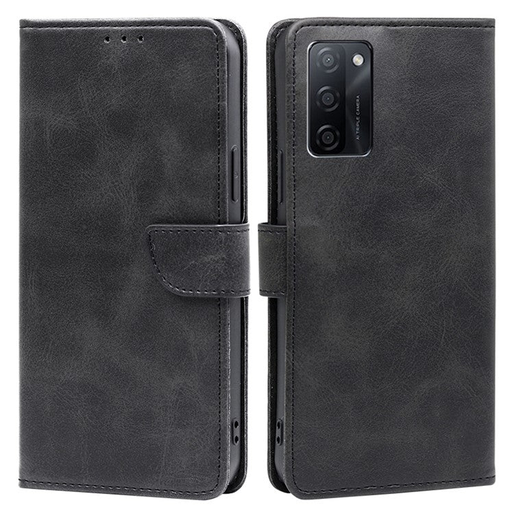 Mobile Phone Folio Cover for Oppo A55s 5G Calf Texture PU Leather Flip Stand Wallet Shockproof Case - Black