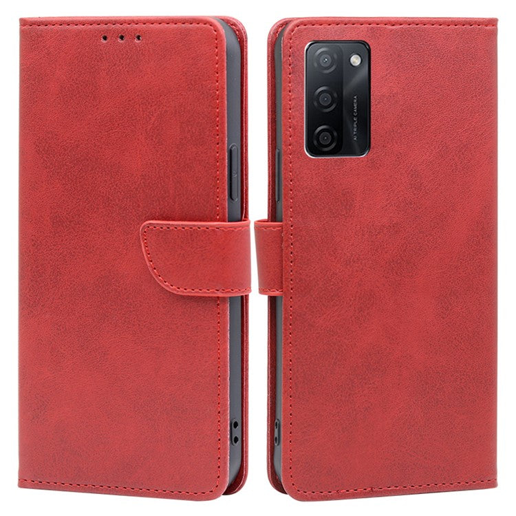 Mobile Phone Folio Cover for Oppo A55s 5G Calf Texture PU Leather Flip Stand Wallet Shockproof Case - Red