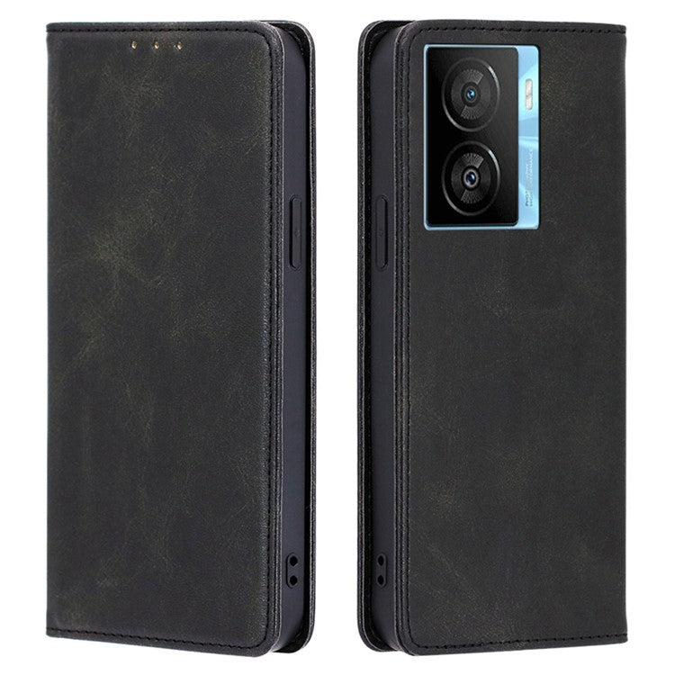 For vivo iQOO Z7x 5G Calf Texture Case Magnetic Closing Stand Phone PU Leather Wallet Shell - Black