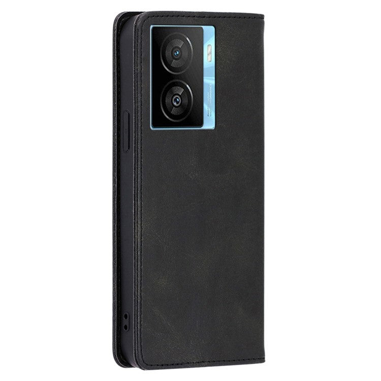 For vivo iQOO Z7x 5G Calf Texture Case Magnetic Closing Stand Phone PU Leather Wallet Shell - Black