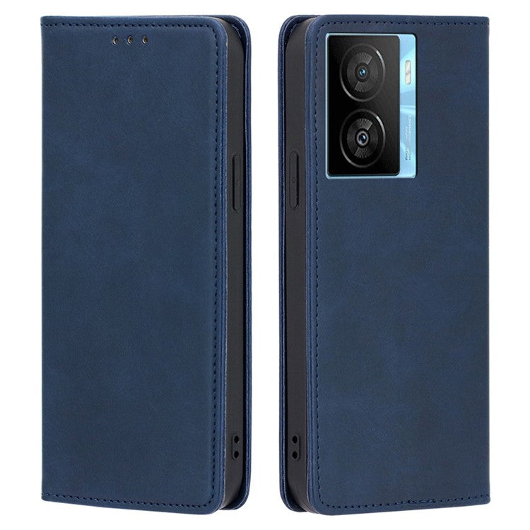 For vivo iQOO Z7x 5G Calf Texture Case Magnetic Closing Stand Phone PU Leather Wallet Shell - Sapphire