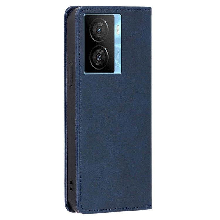 For vivo iQOO Z7x 5G Calf Texture Case Magnetic Closing Stand Phone PU Leather Wallet Shell - Sapphire