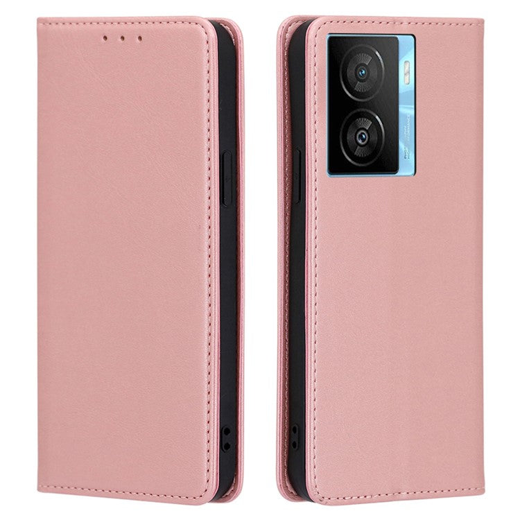 For vivo iQOO Z7x 5G Calf Texture Case Magnetic Closing Stand Phone PU Leather Wallet Shell - Rose Gold