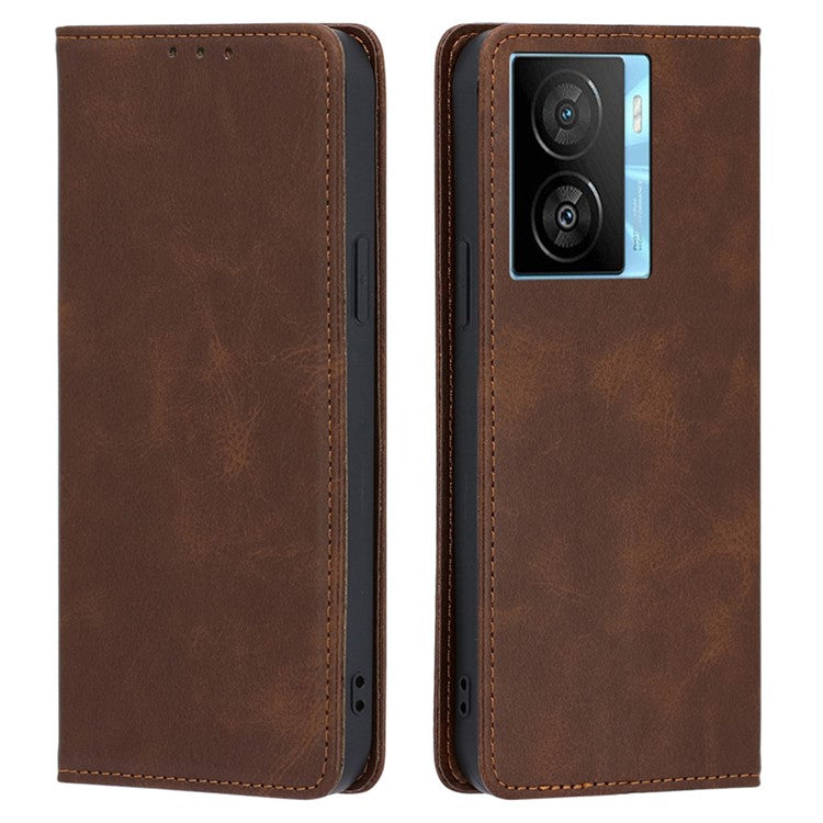 For vivo iQOO Z7x 5G Calf Texture Case Magnetic Closing Stand Phone PU Leather Wallet Shell - Brown