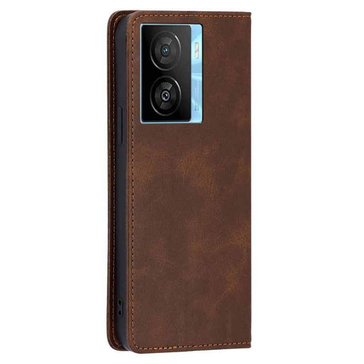 For vivo iQOO Z7x 5G Calf Texture Case Magnetic Closing Stand Phone PU Leather Wallet Shell - Brown