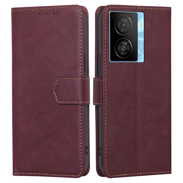 Phone Wallet Case for vivo iQOO Z7x 5G , PU Leather RFID Blocking Stand Cowhide Texture Phone Cover - Wine Red