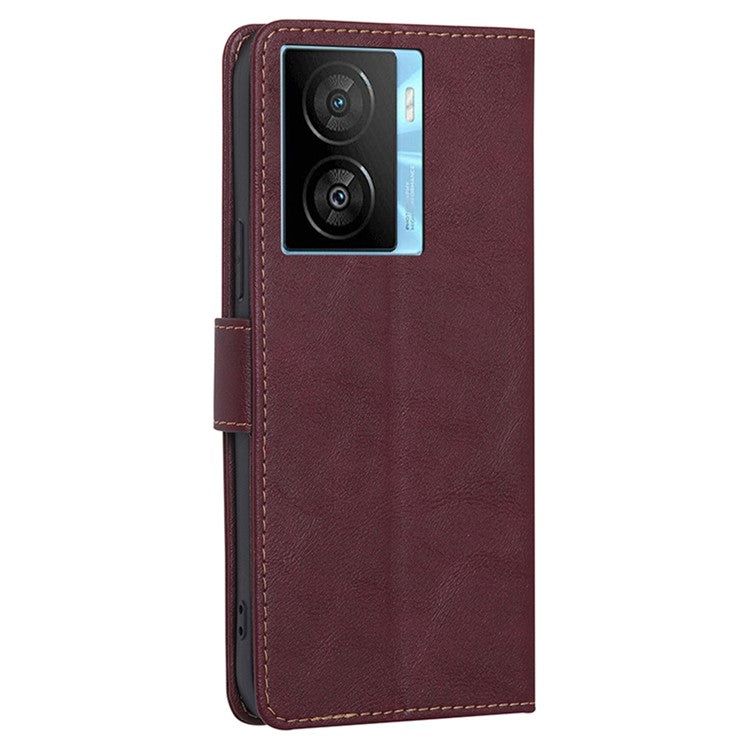 Phone Wallet Case for vivo iQOO Z7x 5G , PU Leather RFID Blocking Stand Cowhide Texture Phone Cover - Wine Red