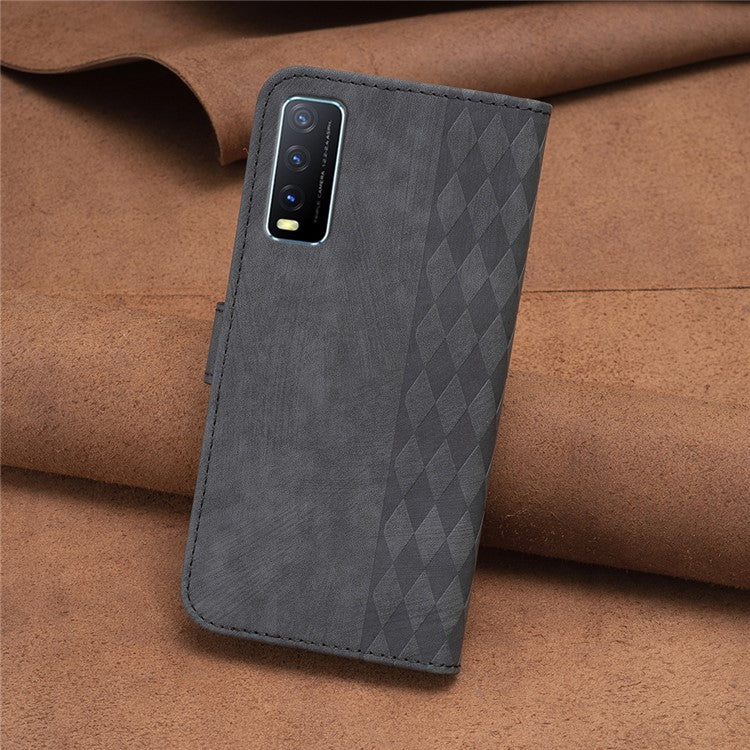 For vivo Y20s / Y11s / Y30 (China) / Y20 / Y20i / iQOO U1x Grid Pattern Imprinting Phone Case Stand Wallet Cover - Black