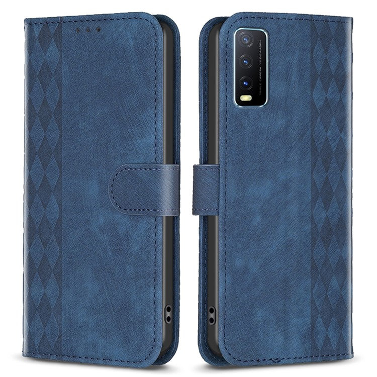 For vivo Y20s / Y11s / Y30 (China) / Y20 / Y20i / iQOO U1x Grid Pattern Imprinting Phone Case Stand Wallet Cover - Blue