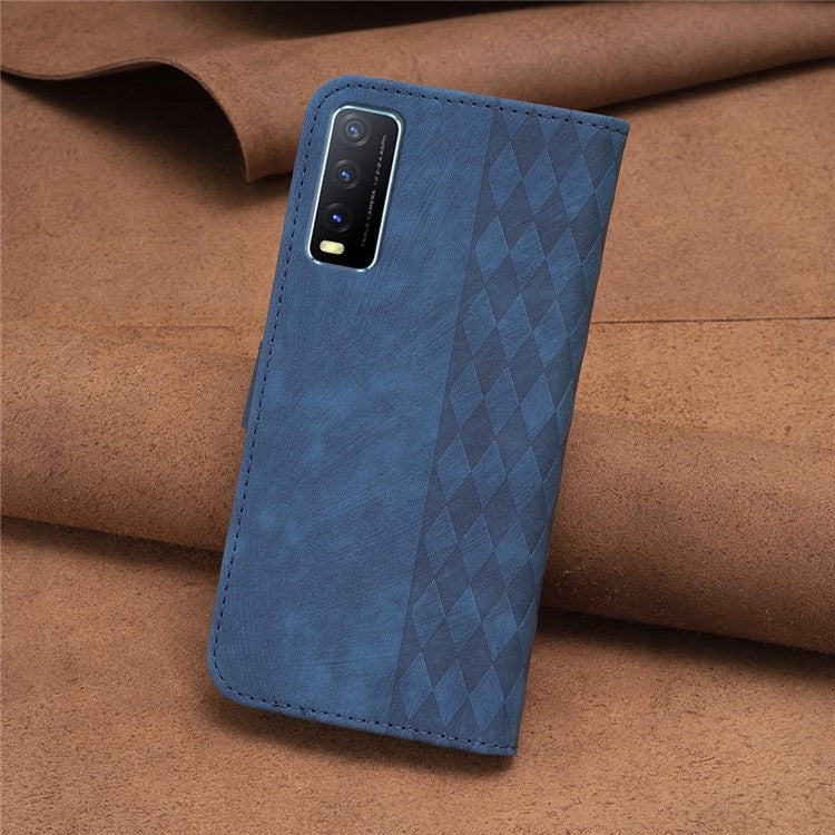 For vivo Y20s / Y11s / Y30 (China) / Y20 / Y20i / iQOO U1x Grid Pattern Imprinting Phone Case Stand Wallet Cover - Blue