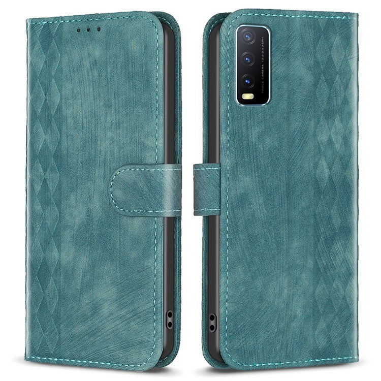 For vivo Y20s / Y11s / Y30 (China) / Y20 / Y20i / iQOO U1x Grid Pattern Imprinting Phone Case Stand Wallet Cover - Green