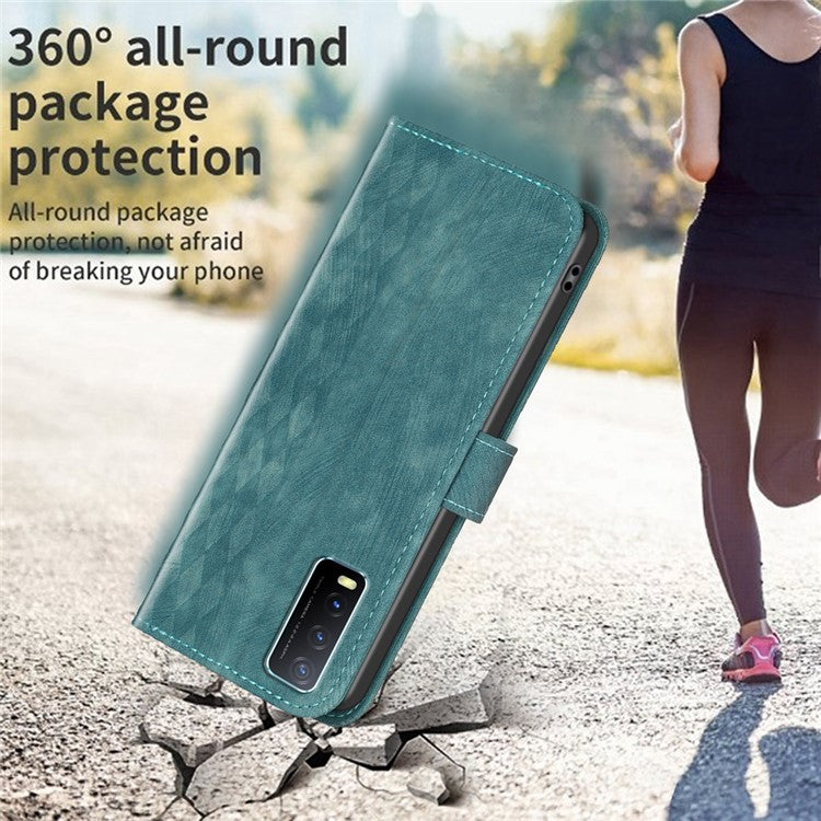 For vivo Y20s / Y11s / Y30 (China) / Y20 / Y20i / iQOO U1x Grid Pattern Imprinting Phone Case Stand Wallet Cover - Green