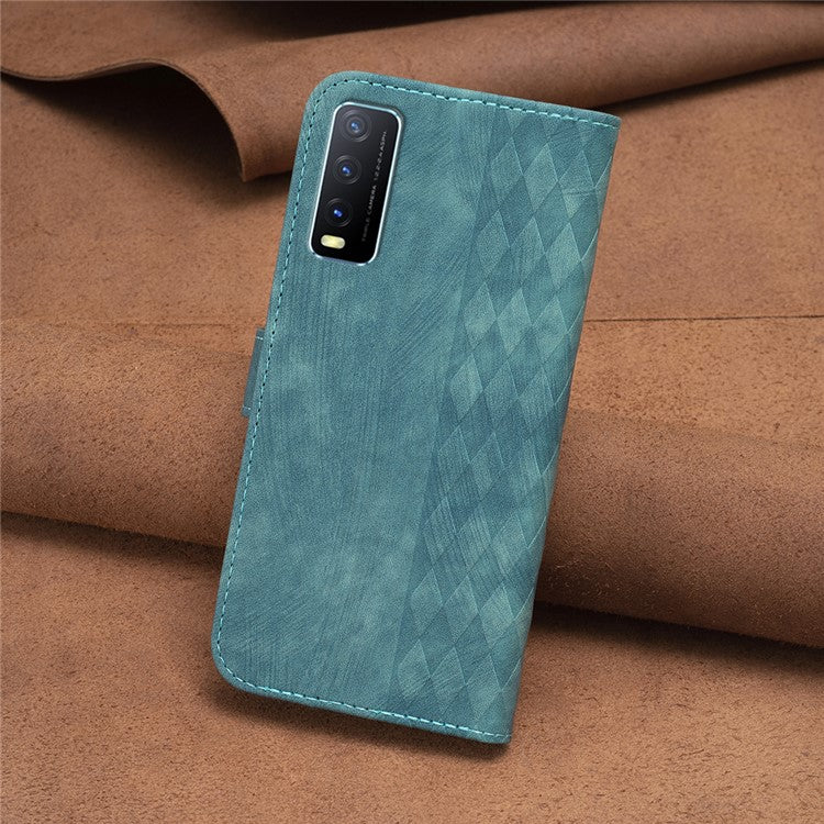 For vivo Y20s / Y11s / Y30 (China) / Y20 / Y20i / iQOO U1x Grid Pattern Imprinting Phone Case Stand Wallet Cover - Green