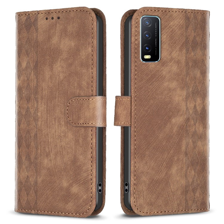 For vivo Y20s / Y11s / Y30 (China) / Y20 / Y20i / iQOO U1x Grid Pattern Imprinting Phone Case Stand Wallet Cover - Brown