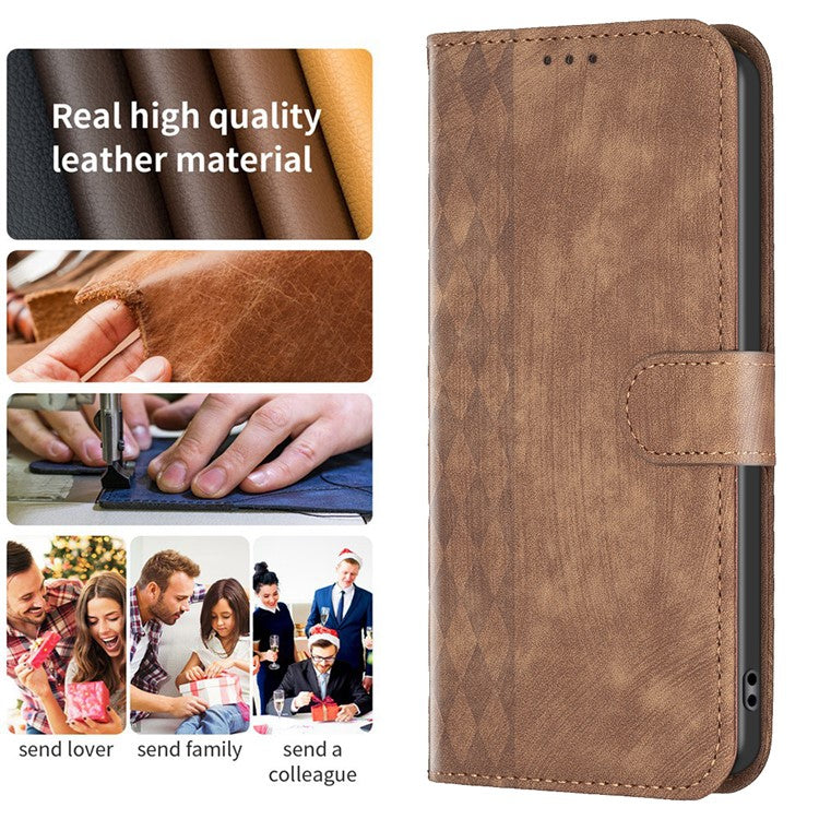 For vivo Y20s / Y11s / Y30 (China) / Y20 / Y20i / iQOO U1x Grid Pattern Imprinting Phone Case Stand Wallet Cover - Brown