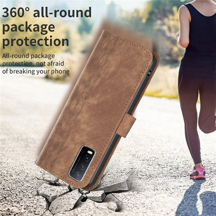 For vivo Y20s / Y11s / Y30 (China) / Y20 / Y20i / iQOO U1x Grid Pattern Imprinting Phone Case Stand Wallet Cover - Brown