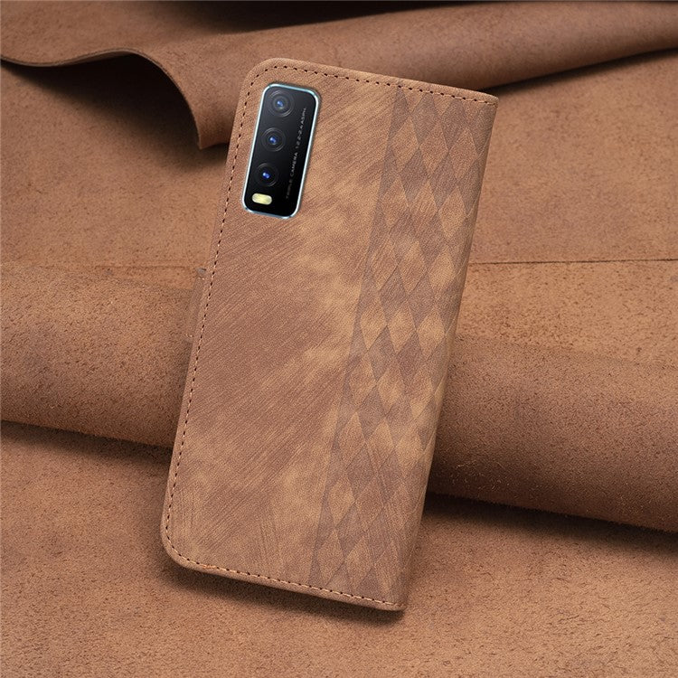 For vivo Y20s / Y11s / Y30 (China) / Y20 / Y20i / iQOO U1x Grid Pattern Imprinting Phone Case Stand Wallet Cover - Brown