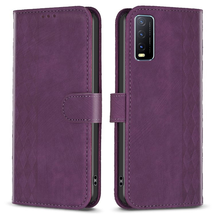 For vivo Y20s / Y11s / Y30 (China) / Y20 / Y20i / iQOO U1x Grid Pattern Imprinting Phone Case Stand Wallet Cover - Purple