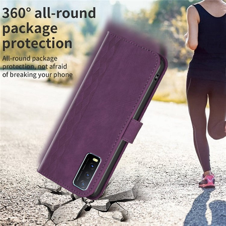 For vivo Y20s / Y11s / Y30 (China) / Y20 / Y20i / iQOO U1x Grid Pattern Imprinting Phone Case Stand Wallet Cover - Purple