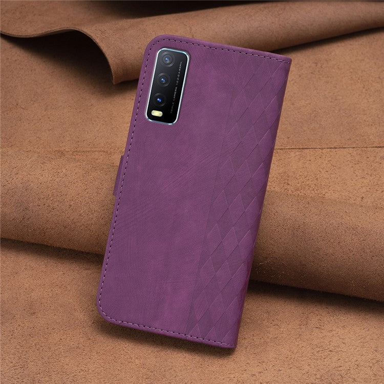 For vivo Y20s / Y11s / Y30 (China) / Y20 / Y20i / iQOO U1x Grid Pattern Imprinting Phone Case Stand Wallet Cover - Purple