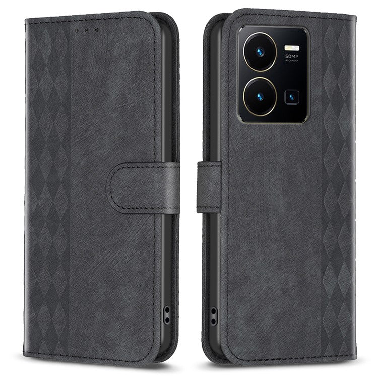 Phone Case for vivo Y35 4G (2022) / Y22s 4G PU Leather Grid Pattern Imprinted Cover with Stand Wallet - Black