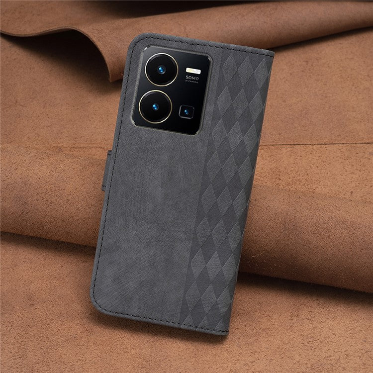 Phone Case for vivo Y35 4G (2022) / Y22s 4G PU Leather Grid Pattern Imprinted Cover with Stand Wallet - Black