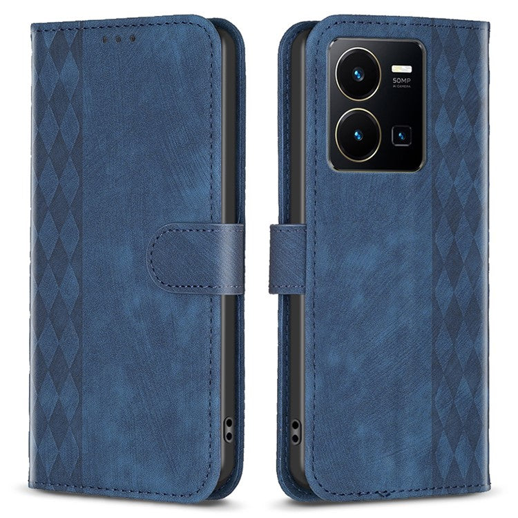 Phone Case for vivo Y35 4G (2022) / Y22s 4G PU Leather Grid Pattern Imprinted Cover with Stand Wallet - Blue