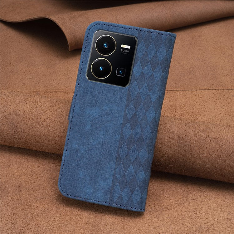 Phone Case for vivo Y35 4G (2022) / Y22s 4G PU Leather Grid Pattern Imprinted Cover with Stand Wallet - Blue