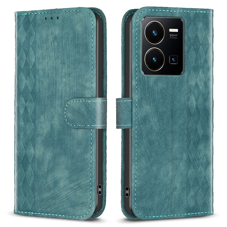 Phone Case for vivo Y35 4G (2022) / Y22s 4G PU Leather Grid Pattern Imprinted Cover with Stand Wallet - Green