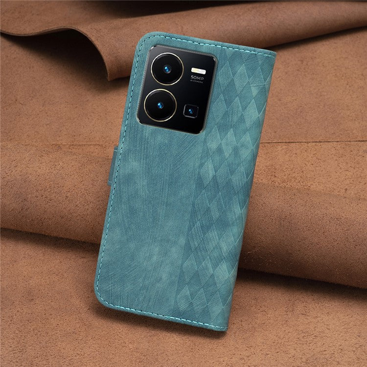 Phone Case for vivo Y35 4G (2022) / Y22s 4G PU Leather Grid Pattern Imprinted Cover with Stand Wallet - Green