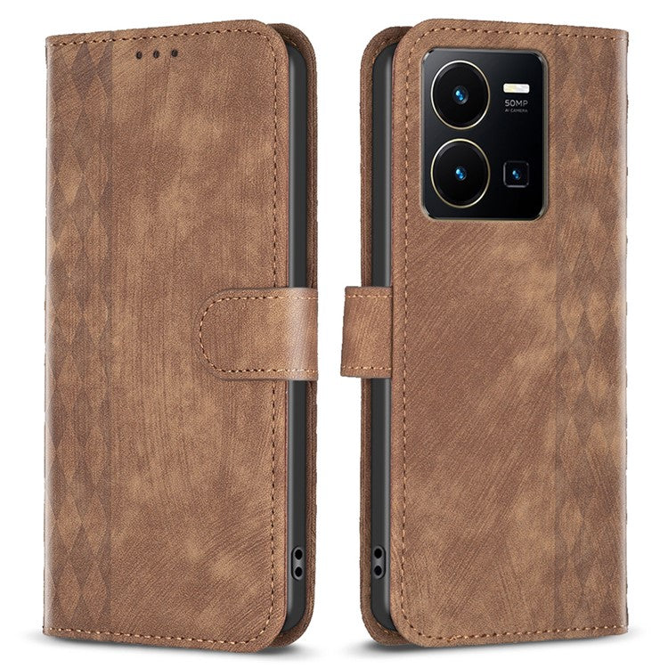 Phone Case for vivo Y35 4G (2022) / Y22s 4G PU Leather Grid Pattern Imprinted Cover with Stand Wallet - Brown