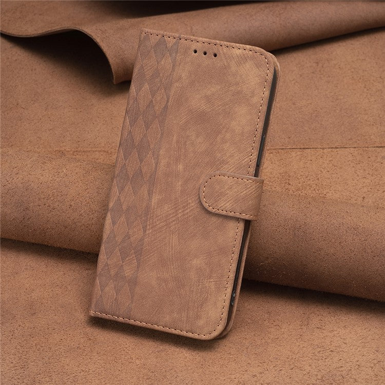 Phone Case for vivo Y35 4G (2022) / Y22s 4G PU Leather Grid Pattern Imprinted Cover with Stand Wallet - Brown