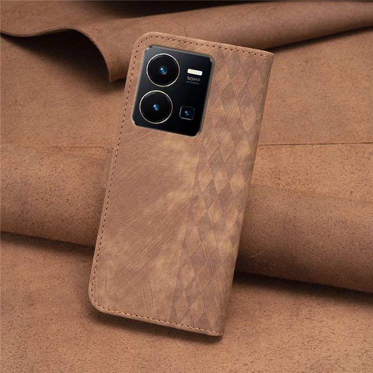 Phone Case for vivo Y35 4G (2022) / Y22s 4G PU Leather Grid Pattern Imprinted Cover with Stand Wallet - Brown