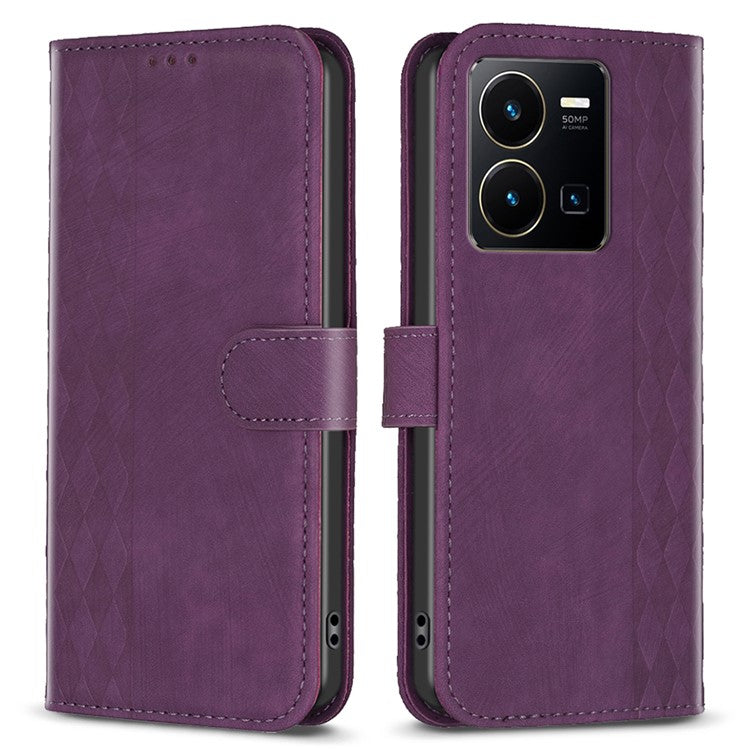 Phone Case for vivo Y35 4G (2022) / Y22s 4G PU Leather Grid Pattern Imprinted Cover with Stand Wallet - Purple