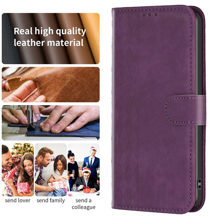 Phone Case for vivo Y35 4G (2022) / Y22s 4G PU Leather Grid Pattern Imprinted Cover with Stand Wallet - Purple