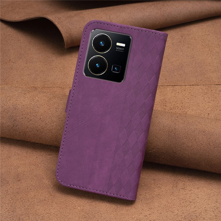 Phone Case for vivo Y35 4G (2022) / Y22s 4G PU Leather Grid Pattern Imprinted Cover with Stand Wallet - Purple