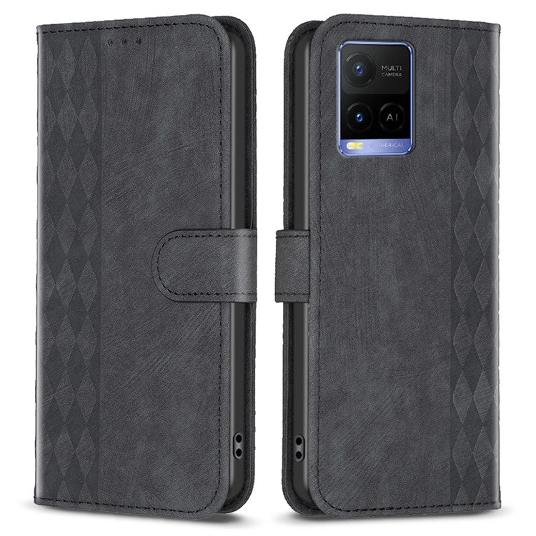 Phone Case for vivo Y21 / Y21s / Y33s PU Leather Grid Pattern Imprinted Cover Stand Wallet Shell - Black